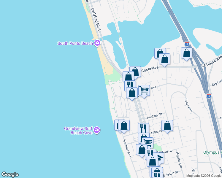 map of restaurants, bars, coffee shops, grocery stores, and more near 1868 Parliament Road in Encinitas