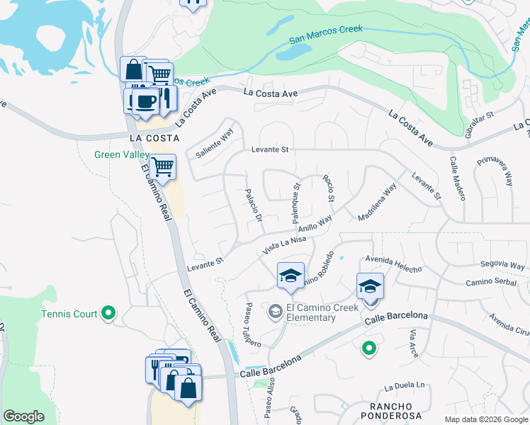 map of restaurants, bars, coffee shops, grocery stores, and more near 2204 Recodo Court in Carlsbad