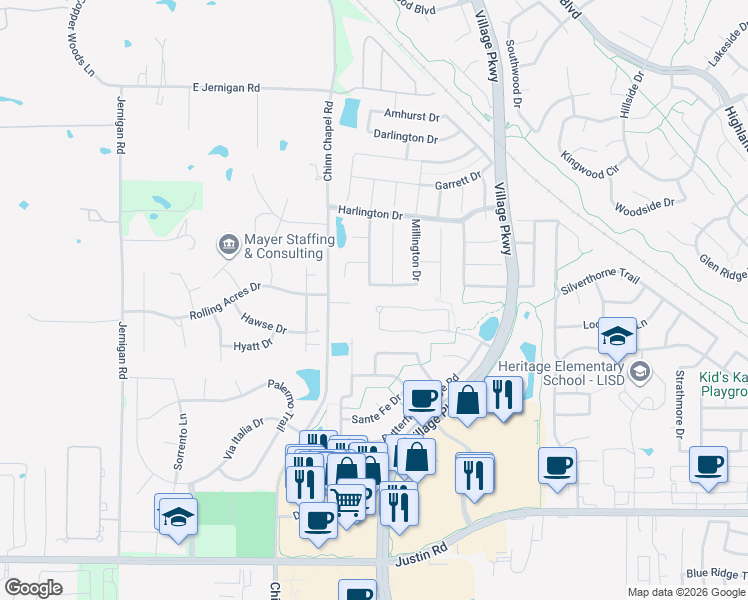 map of restaurants, bars, coffee shops, grocery stores, and more near 4007 Preston Lane in Highland Village