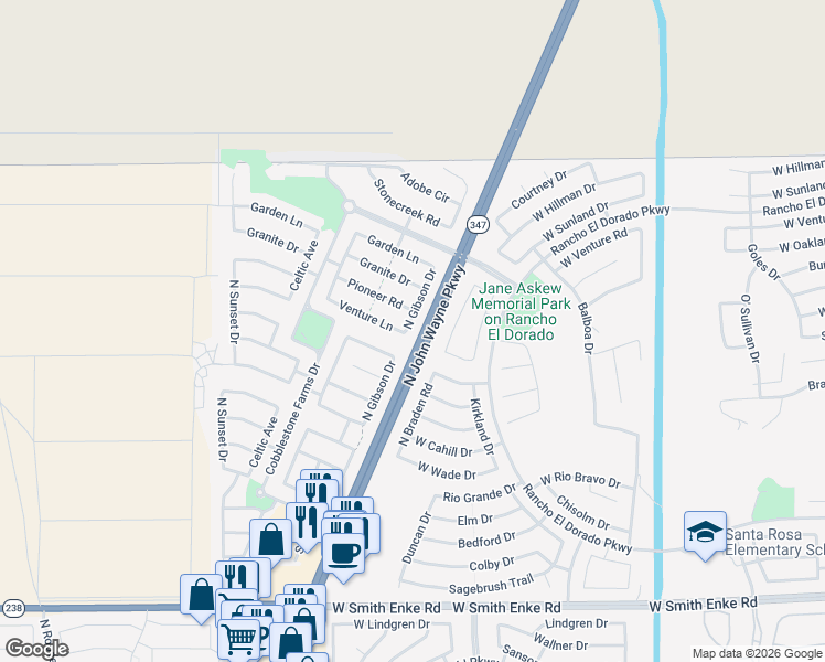 map of restaurants, bars, coffee shops, grocery stores, and more near 22181 Gibson Drive in Maricopa