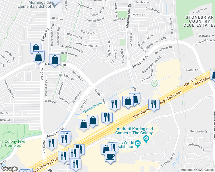 map of restaurants, bars, coffee shops, grocery stores, and more near 5620 South Colony Boulevard in The Colony