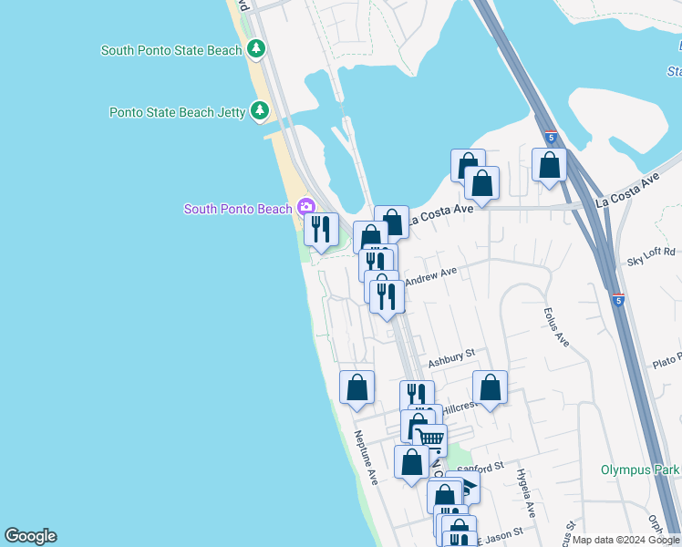 map of restaurants, bars, coffee shops, grocery stores, and more near 1864 Haymarket Road in Encinitas
