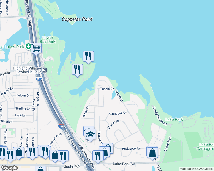 map of restaurants, bars, coffee shops, grocery stores, and more near 29 Oakbrook Drive in Lewisville
