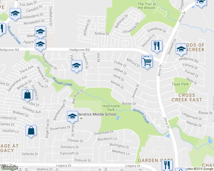 map of restaurants, bars, coffee shops, grocery stores, and more near 1413 Mullins Drive in Plano