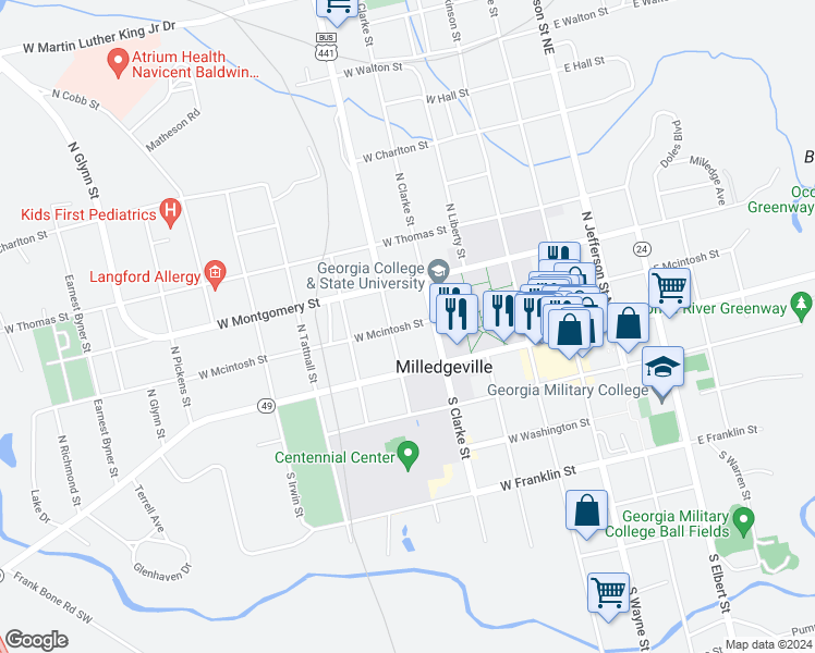 map of restaurants, bars, coffee shops, grocery stores, and more near 441 West Mcintosh Street in Milledgeville