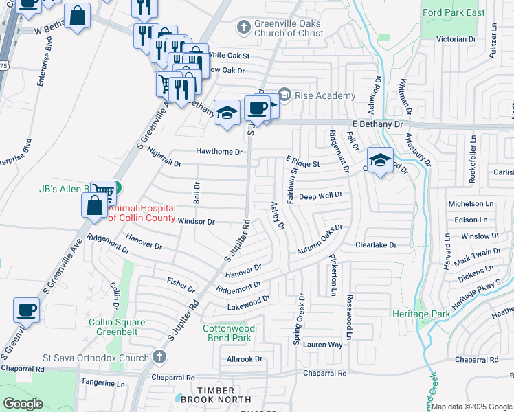 map of restaurants, bars, coffee shops, grocery stores, and more near 603 Windsor Drive in Allen