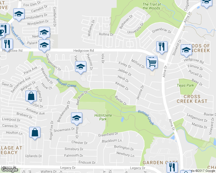 map of restaurants, bars, coffee shops, grocery stores, and more near 1413 Mullins Drive in Plano