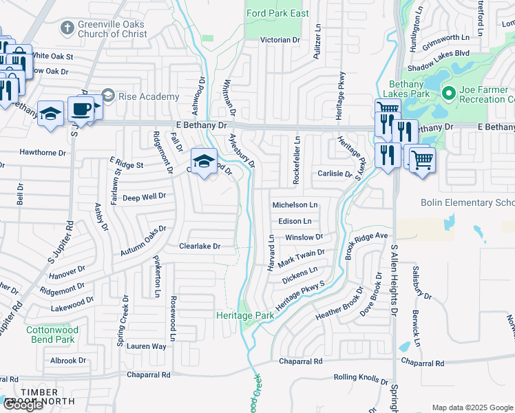 map of restaurants, bars, coffee shops, grocery stores, and more near 909 Aylesbury Drive in Allen