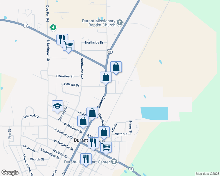 map of restaurants, bars, coffee shops, grocery stores, and more near 45 Ethel Street in Durant