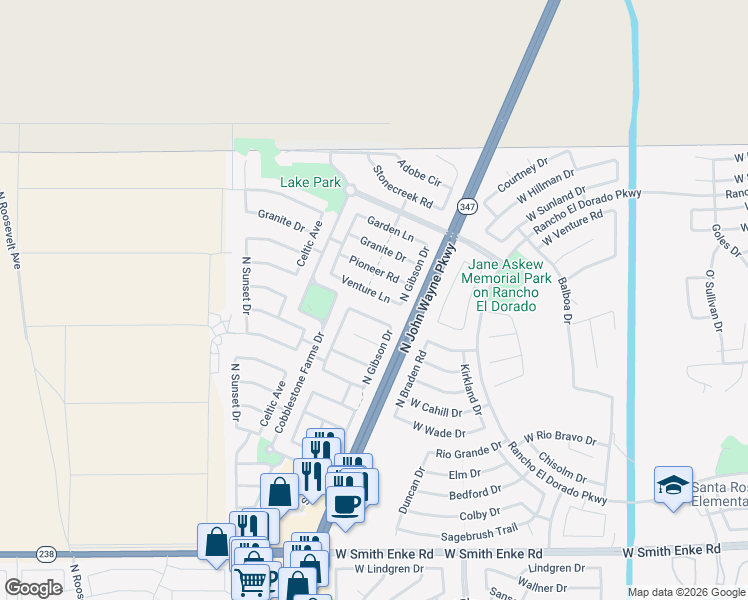 map of restaurants, bars, coffee shops, grocery stores, and more near 44172 Sedona Trail in Maricopa