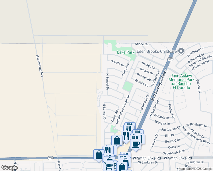 map of restaurants, bars, coffee shops, grocery stores, and more near 22180 North Sunset Drive in Maricopa
