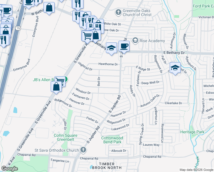 map of restaurants, bars, coffee shops, grocery stores, and more near 553 Oldbridge Drive in Allen