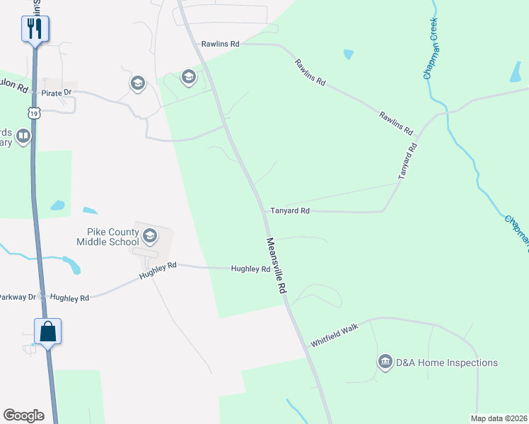 map of restaurants, bars, coffee shops, grocery stores, and more near 1344 Meansville Road in Zebulon