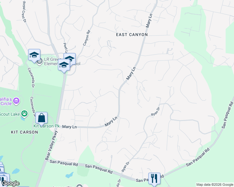 map of restaurants, bars, coffee shops, grocery stores, and more near 3261 Mary Lane in Escondido