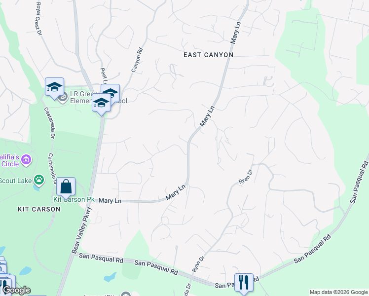 map of restaurants, bars, coffee shops, grocery stores, and more near 3261 Mary Lane in Escondido