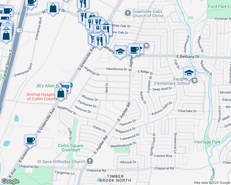 map of restaurants, bars, coffee shops, grocery stores, and more near 553 Oldbridge Drive in Allen
