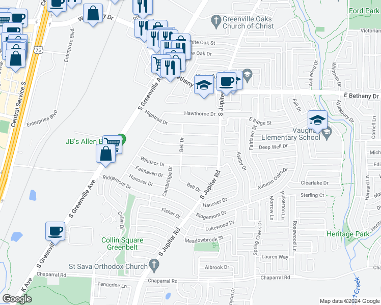map of restaurants, bars, coffee shops, grocery stores, and more near 547 Oldbridge Drive in Allen