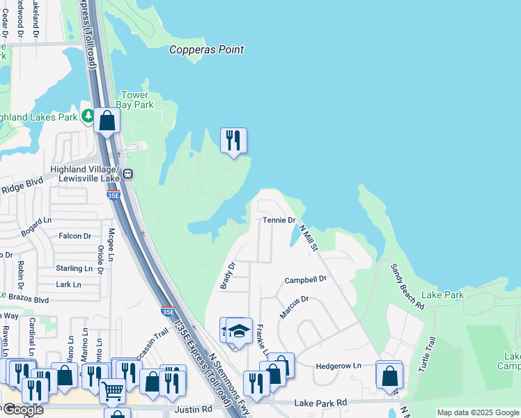 map of restaurants, bars, coffee shops, grocery stores, and more near 101 West Shore Drive in Lewisville