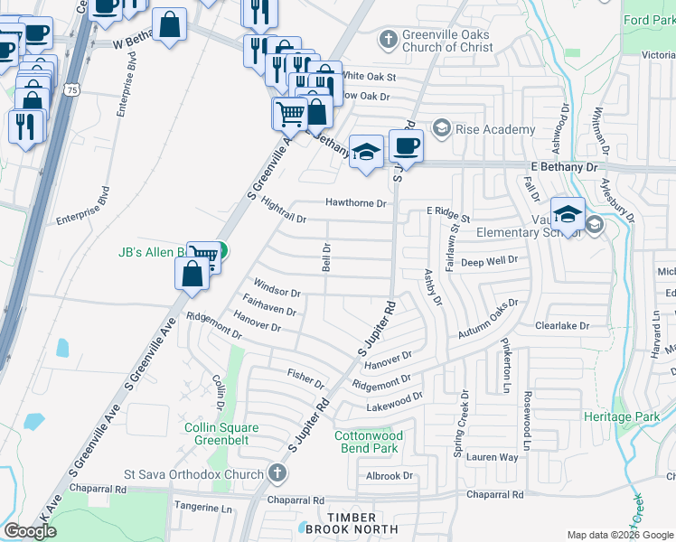 map of restaurants, bars, coffee shops, grocery stores, and more near 549 Windsor Drive in Allen