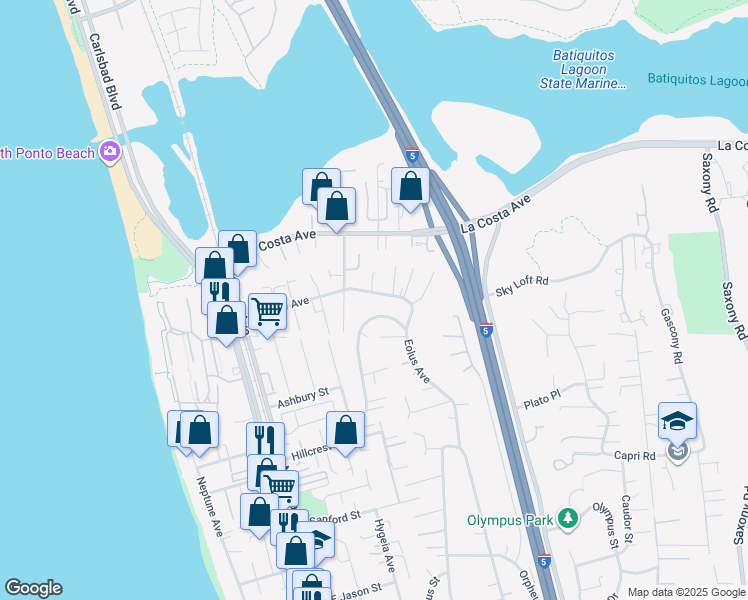 map of restaurants, bars, coffee shops, grocery stores, and more near 363 Andrew Avenue in Encinitas