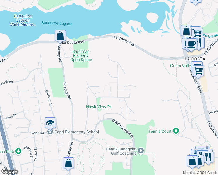 map of restaurants, bars, coffee shops, grocery stores, and more near 1394 Bonnie Bluff Circle in Encinitas