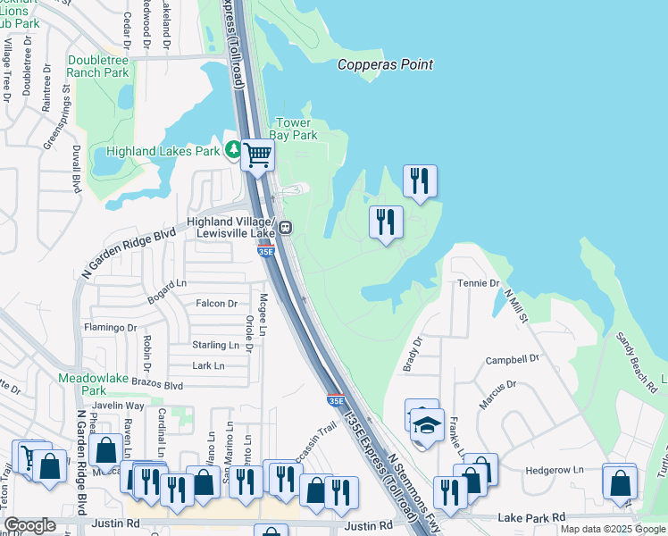 map of restaurants, bars, coffee shops, grocery stores, and more near Eagle Point Road in Flower Mound