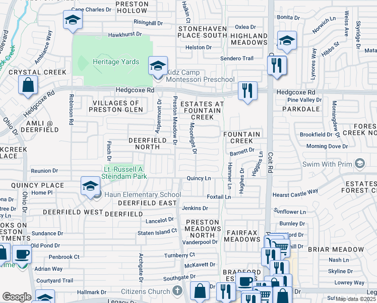 map of restaurants, bars, coffee shops, grocery stores, and more near 4404 Cutter Springs Court in Plano