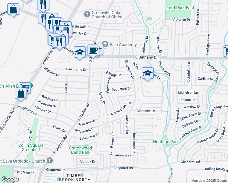 map of restaurants, bars, coffee shops, grocery stores, and more near 706 Deep Well Drive in Allen