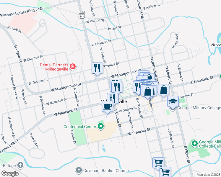 map of restaurants, bars, coffee shops, grocery stores, and more near 311 West Mcintosh Street in Milledgeville