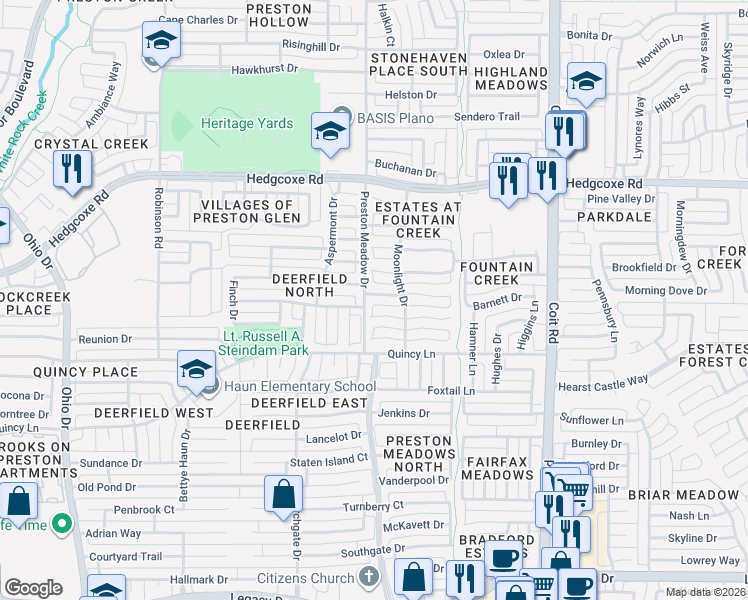 map of restaurants, bars, coffee shops, grocery stores, and more near 7608 Valleen Drive in Plano