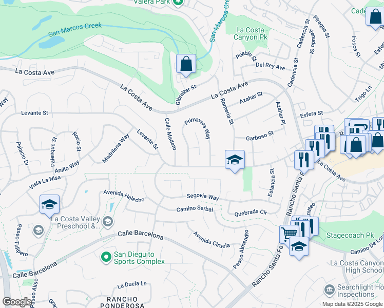 map of restaurants, bars, coffee shops, grocery stores, and more near 7724 Primavera Way in Carlsbad