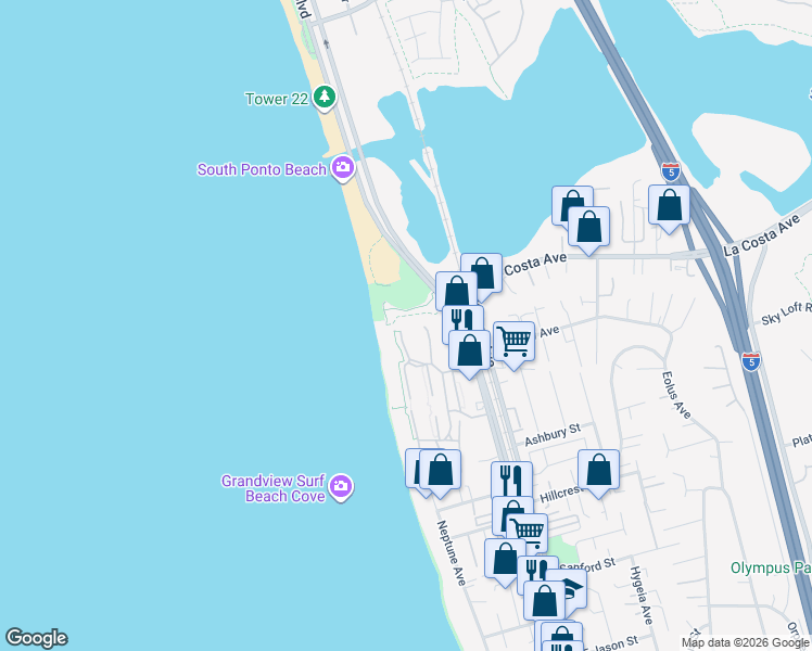 map of restaurants, bars, coffee shops, grocery stores, and more near 2100 Carlsbad Boulevard in Encinitas