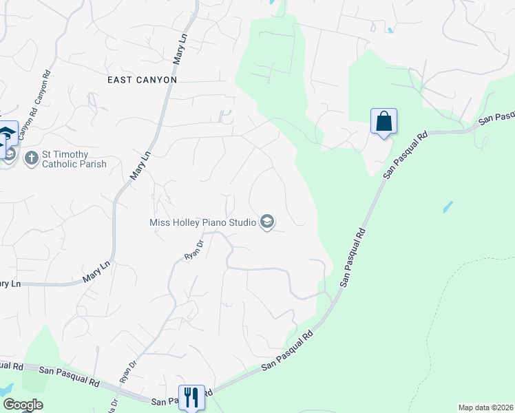 map of restaurants, bars, coffee shops, grocery stores, and more near 2618 Sunset Hills in Escondido