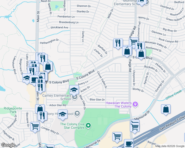 map of restaurants, bars, coffee shops, grocery stores, and more near 5060 South Colony Boulevard in The Colony