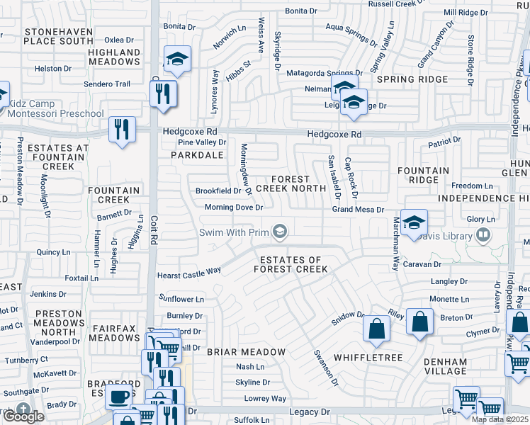 map of restaurants, bars, coffee shops, grocery stores, and more near 7705 Brushfield Drive in Plano