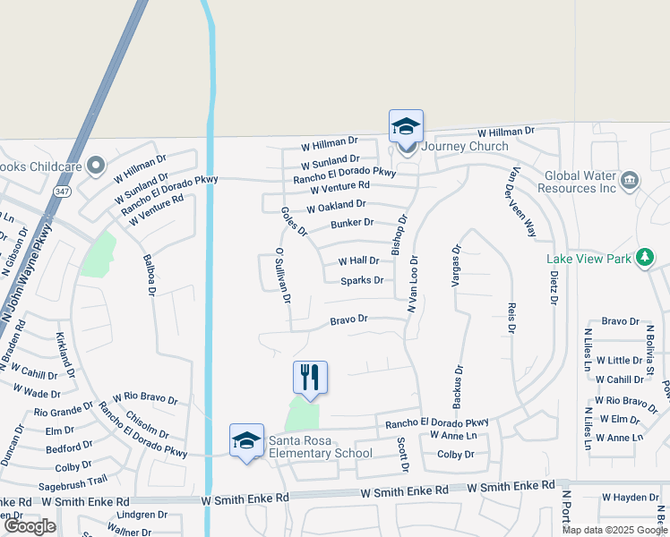 map of restaurants, bars, coffee shops, grocery stores, and more near 42515 West Hall Drive in Maricopa