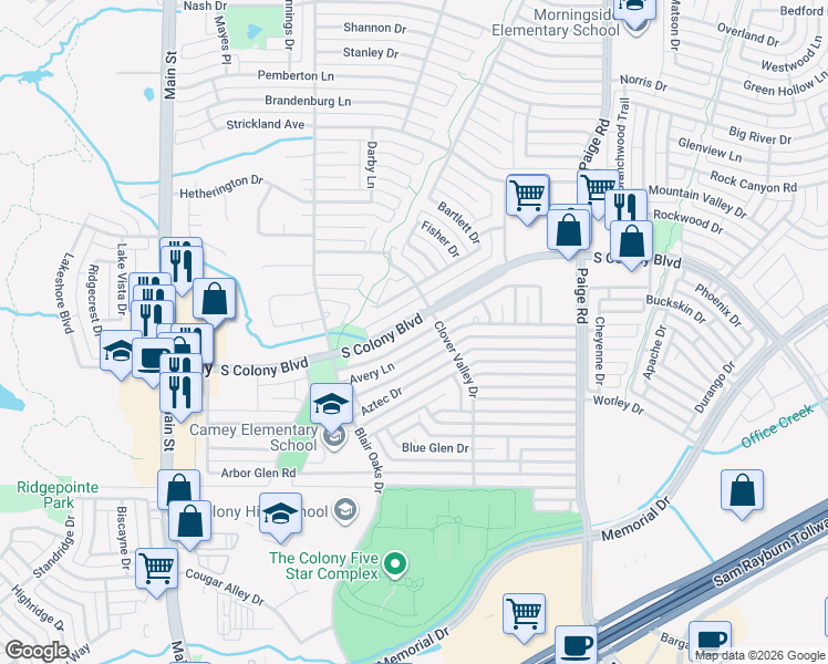 map of restaurants, bars, coffee shops, grocery stores, and more near 5060 South Colony Boulevard in The Colony