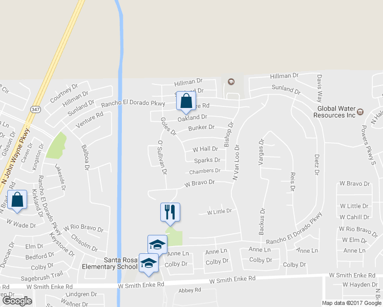 map of restaurants, bars, coffee shops, grocery stores, and more near 42515 West Hall Drive in Maricopa