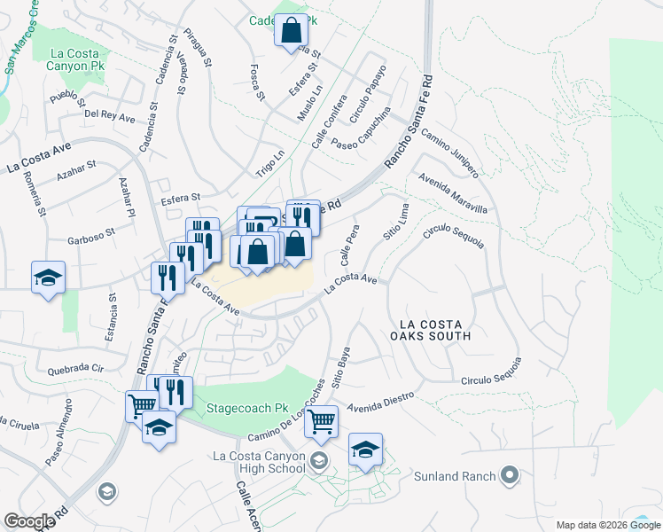 map of restaurants, bars, coffee shops, grocery stores, and more near Calle Pera in Carlsbad