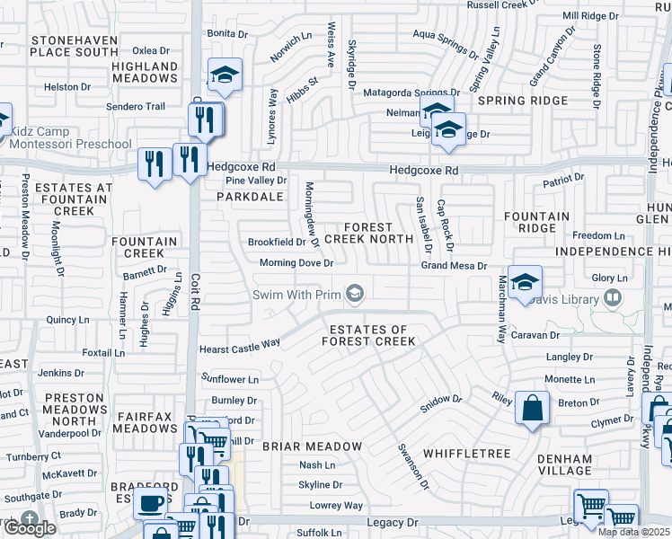 map of restaurants, bars, coffee shops, grocery stores, and more near 7705 Brushfield Drive in Plano