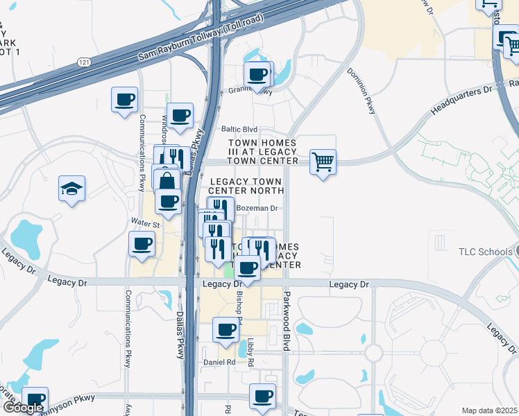 map of restaurants, bars, coffee shops, grocery stores, and more near Bozeman Drive in Plano