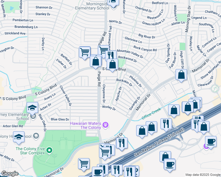 map of restaurants, bars, coffee shops, grocery stores, and more near 5445 Buckskin Drive in The Colony
