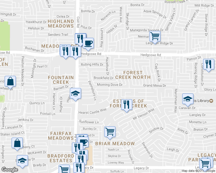 map of restaurants, bars, coffee shops, grocery stores, and more near 3704 Brookfield Drive in Plano