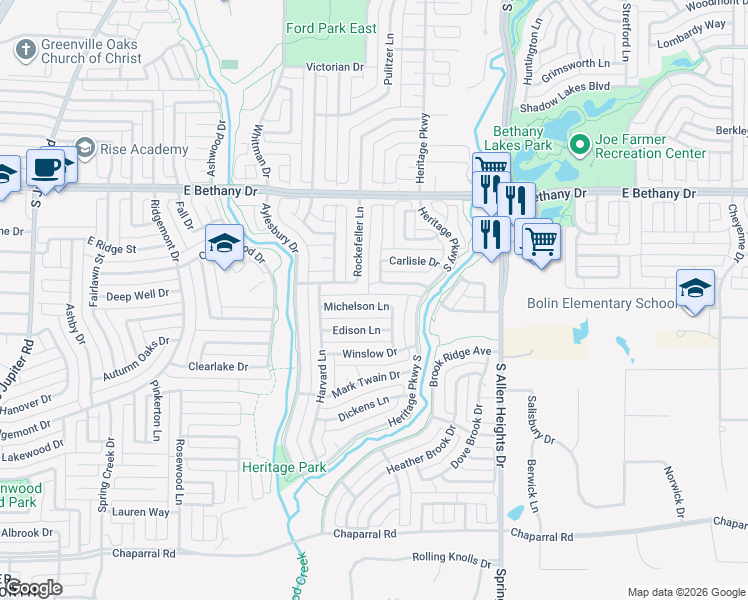 map of restaurants, bars, coffee shops, grocery stores, and more near 1021 Michelson Lane in Allen