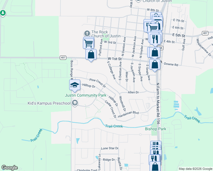 map of restaurants, bars, coffee shops, grocery stores, and more near 295 Ovaletta Drive in Justin