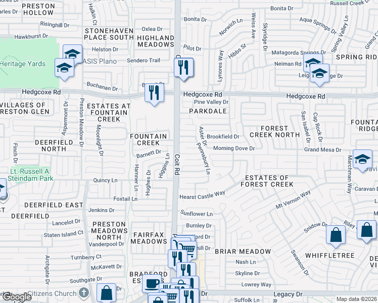 map of restaurants, bars, coffee shops, grocery stores, and more near 3912 Hogan Manor Drive in Plano