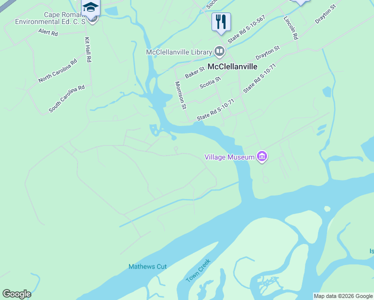 map of restaurants, bars, coffee shops, grocery stores, and more near 536 Romain Road in McClellanville
