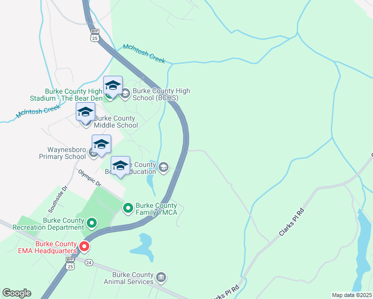 map of restaurants, bars, coffee shops, grocery stores, and more near 1057 Burke Veterans Parkway in Waynesboro
