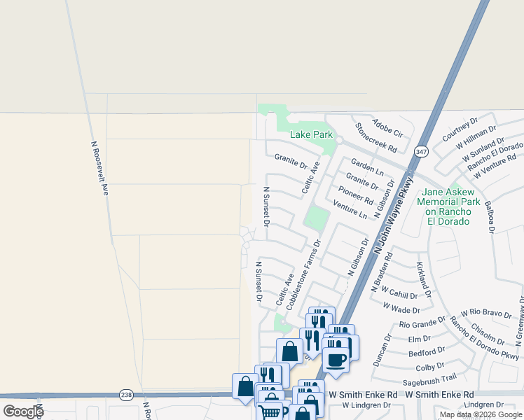 map of restaurants, bars, coffee shops, grocery stores, and more near 44573 Sedona Trail in Maricopa