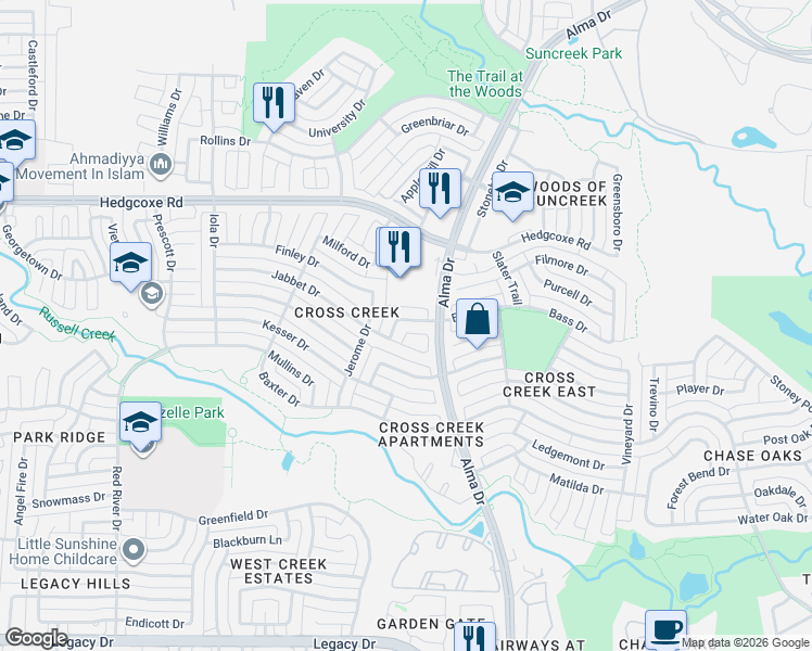 map of restaurants, bars, coffee shops, grocery stores, and more near 1121 Bass Drive in Plano